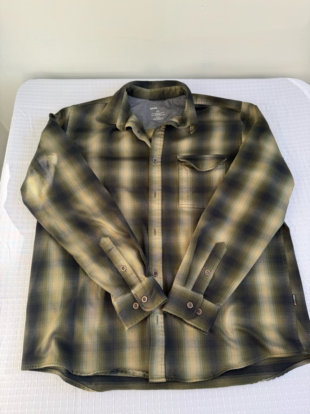 Swiss Tech Olive, Black, and Tan  Plaid Button-Down Shirt